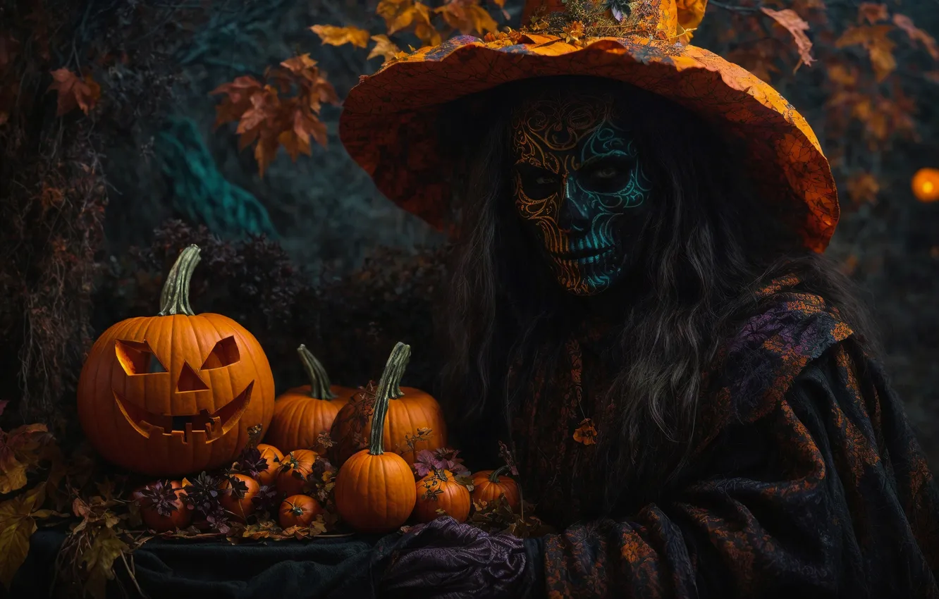 Photo wallpaper autumn, look, hat, Halloween, pumpkin, witch, Halloween