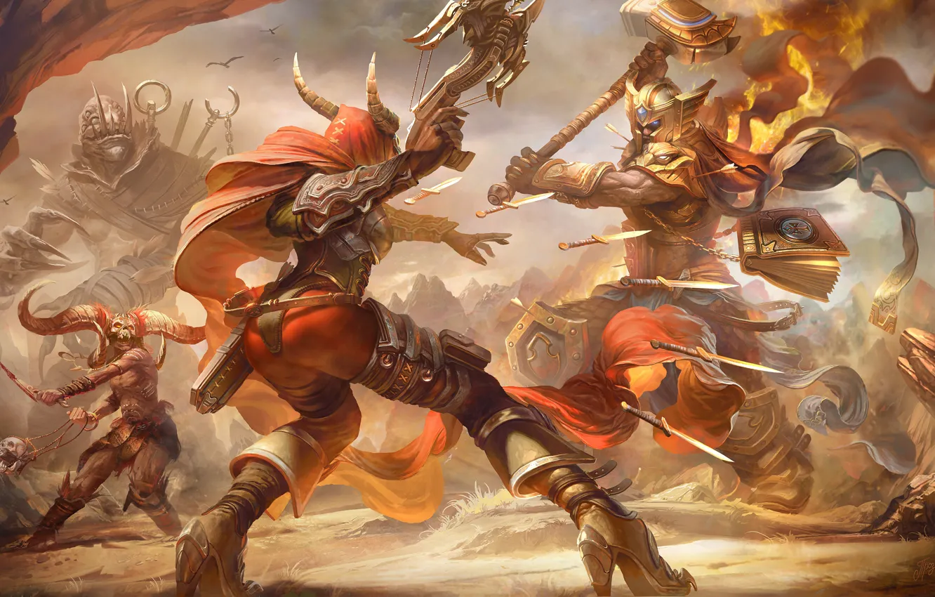 Photo wallpaper weapons, horns, book, fight, heroes of the storm