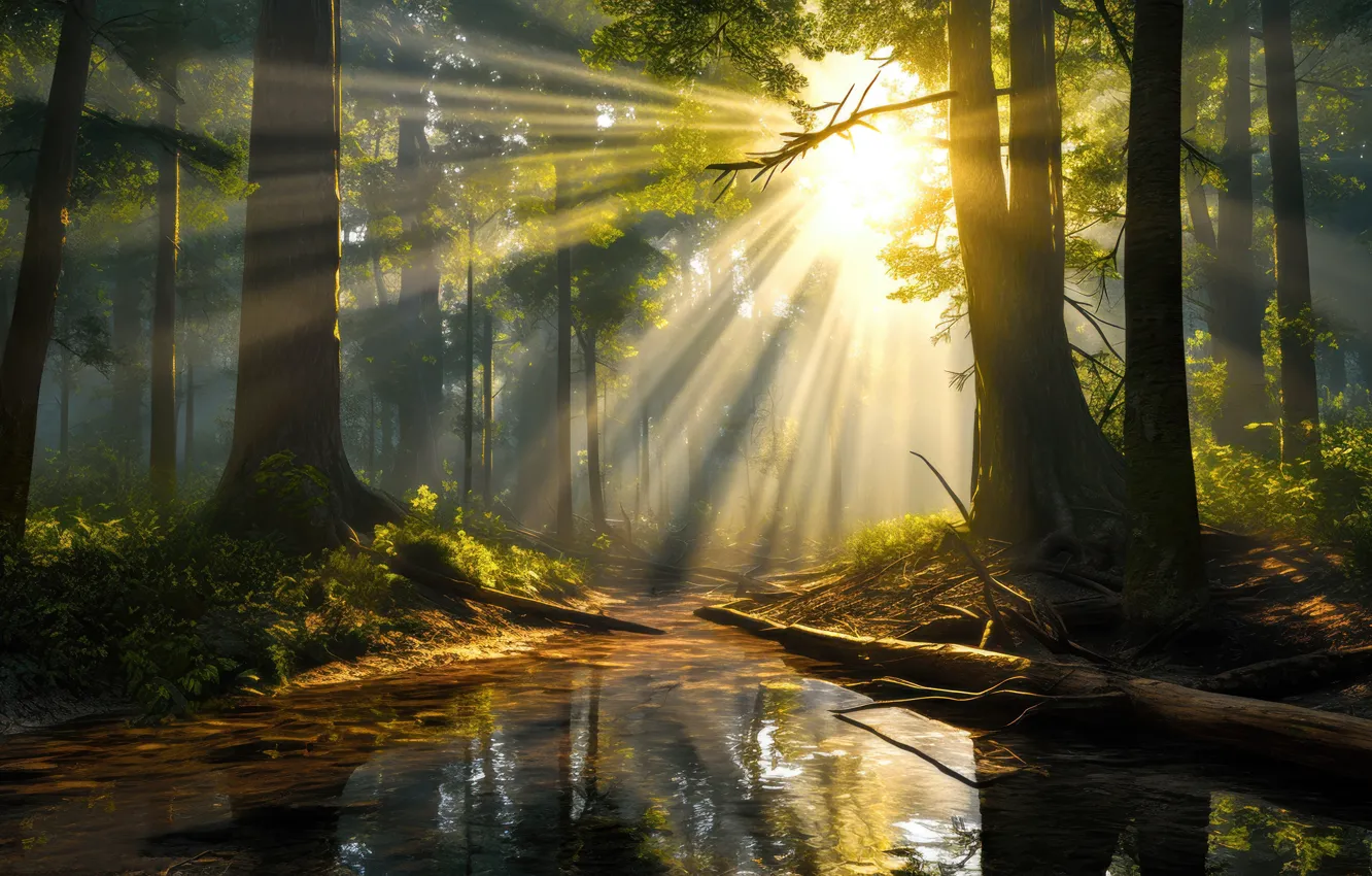 Photo wallpaper forest, the sun, rays, light, trees, landscape, branches, fog
