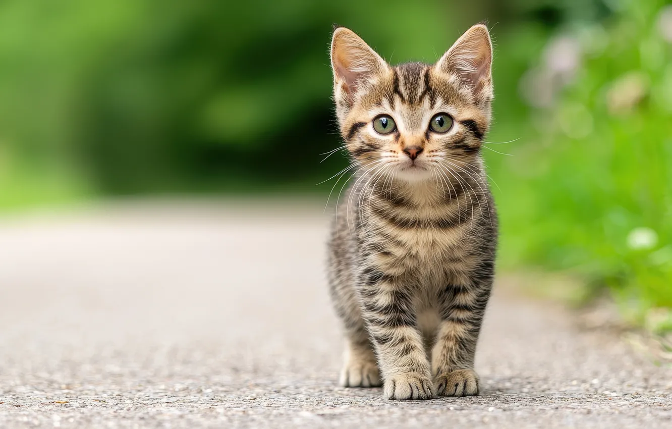 Photo wallpaper cat, look, nature, pose, grey, garden, track, walk