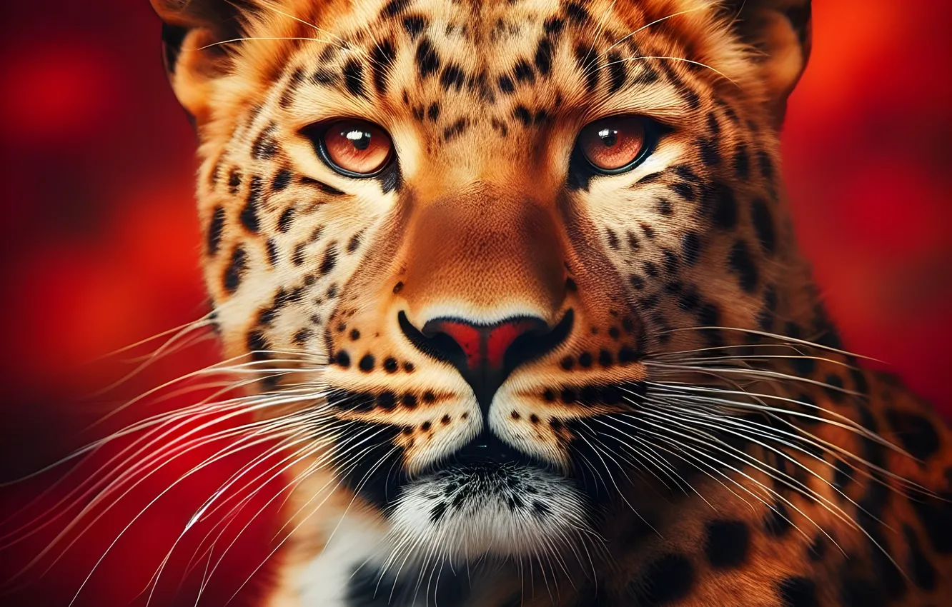 Photo wallpaper mustache, look, face, portrait, leopard, red background, AI art, neural network