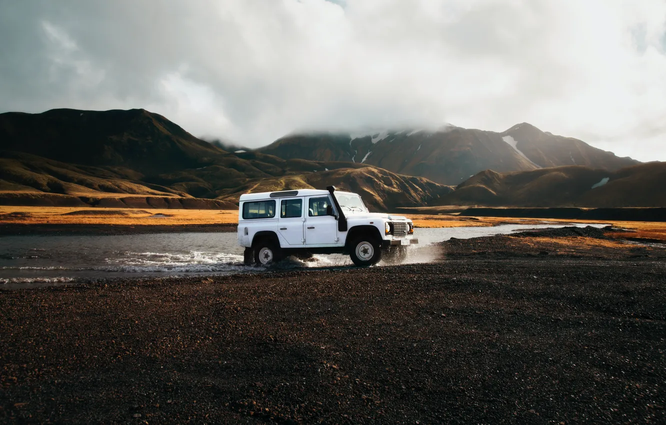 Photo wallpaper Land Rover, Clouds, Landscape, Water, River, Rocks, Offroad, Defennders