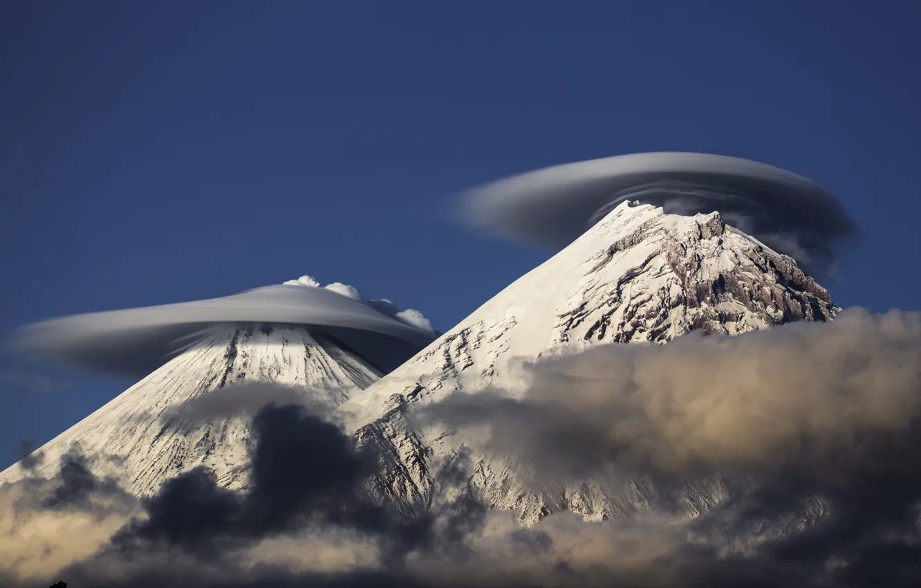 Photo wallpaper clouds, smoke, the volcano, Kamchatka, Klyuchevskaya Sopka, lenticular