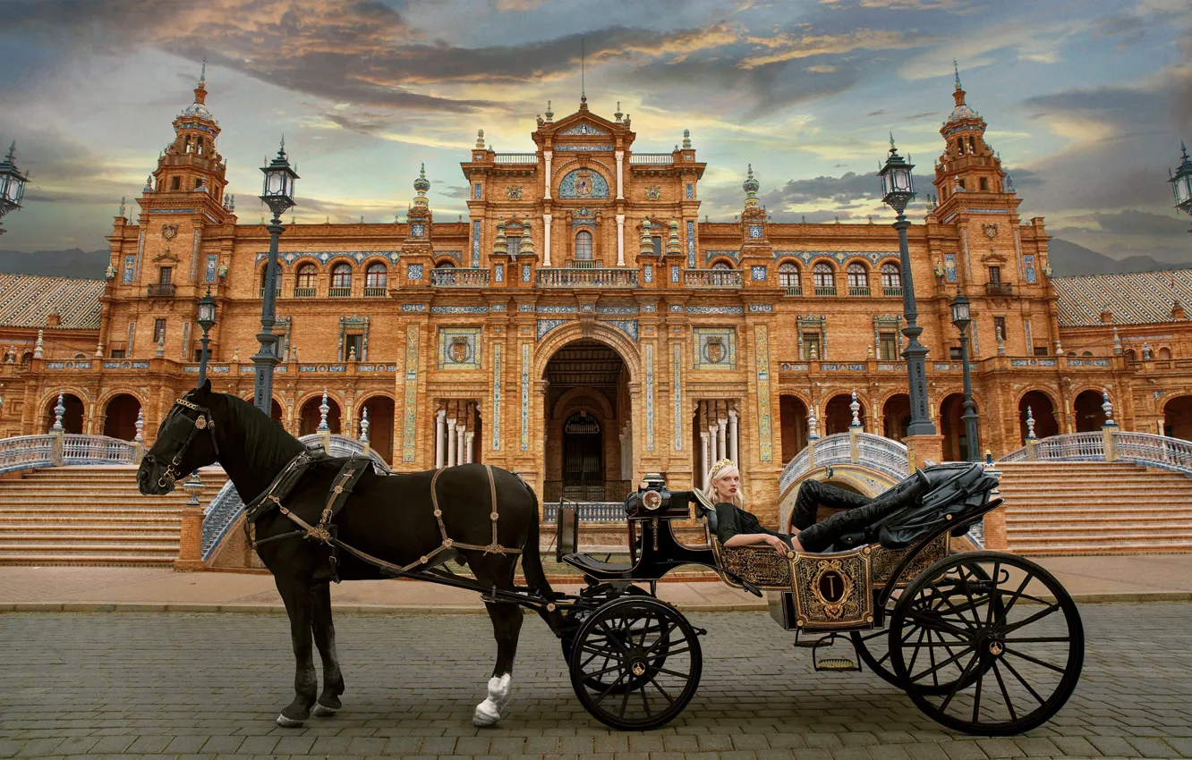 Photo wallpaper girl, horse, home, coach