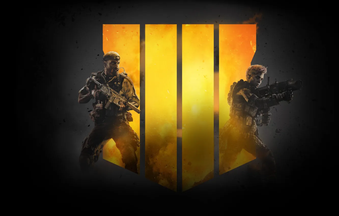 Photo wallpaper the dark background, weapons, smoke, warrior, logo, Call of Duty, logo, fighter