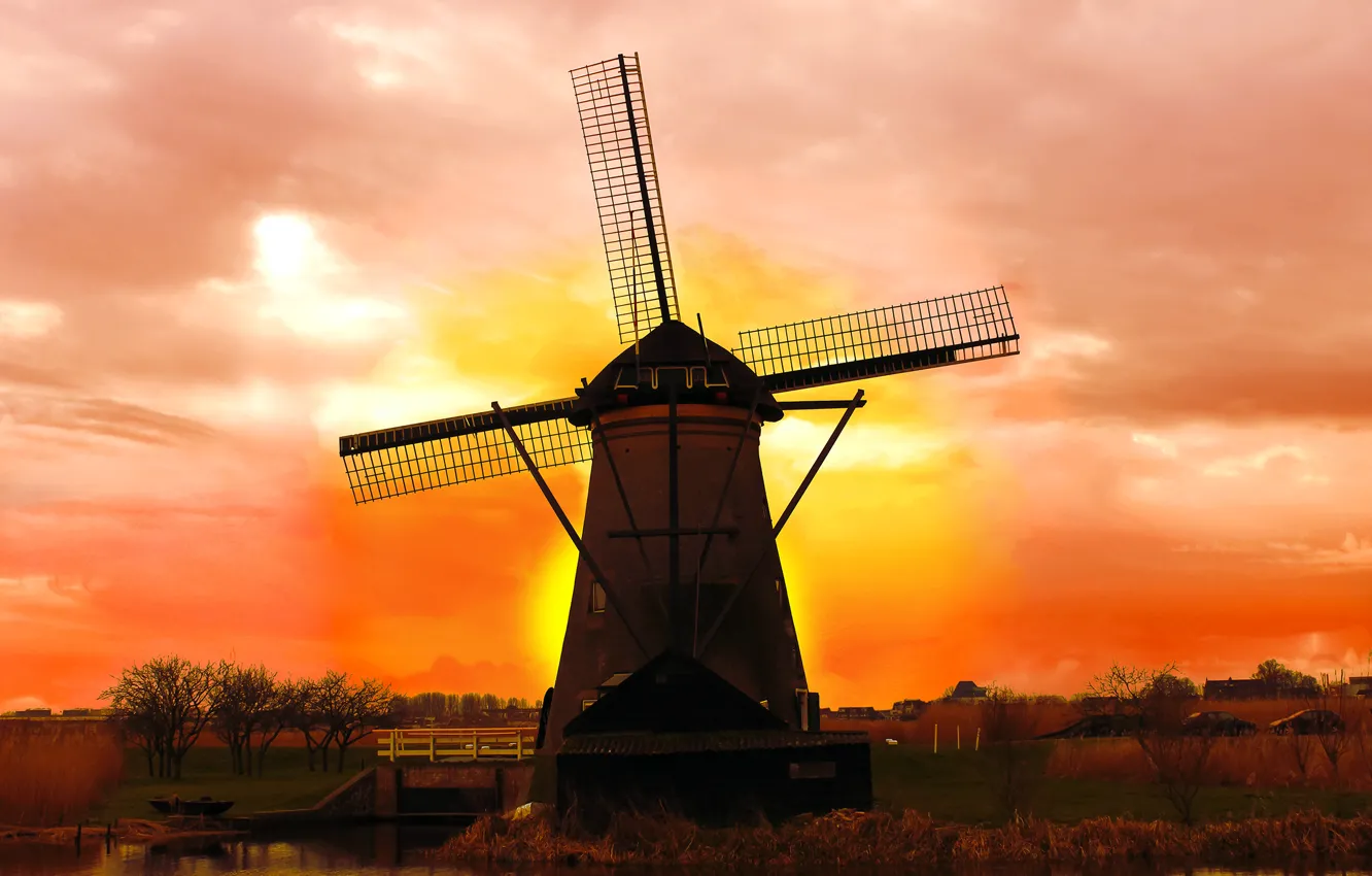 Photo wallpaper bridge, dawn, mill, river, Netherlands