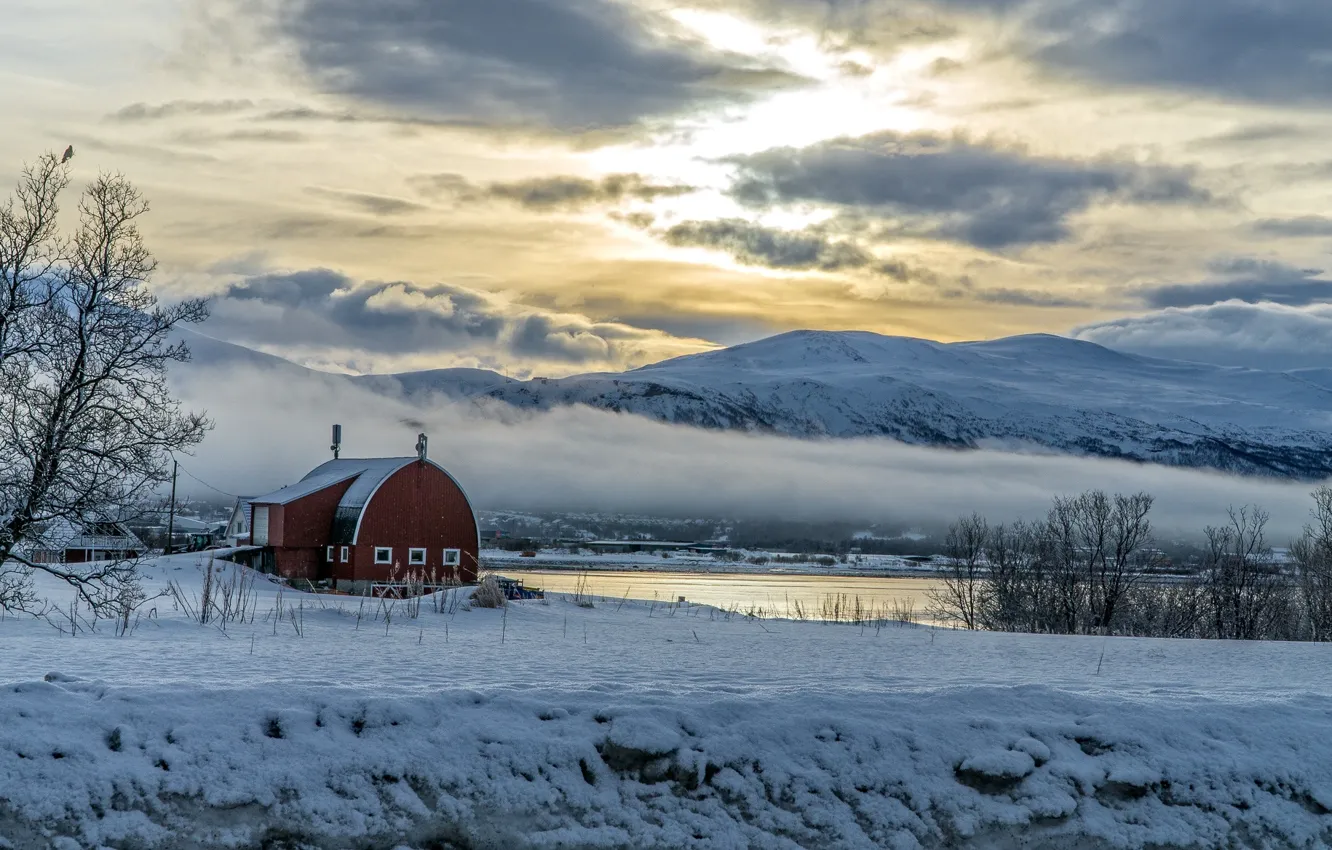 Photo wallpaper sea, clouds, mountains, Norway, winter. snow