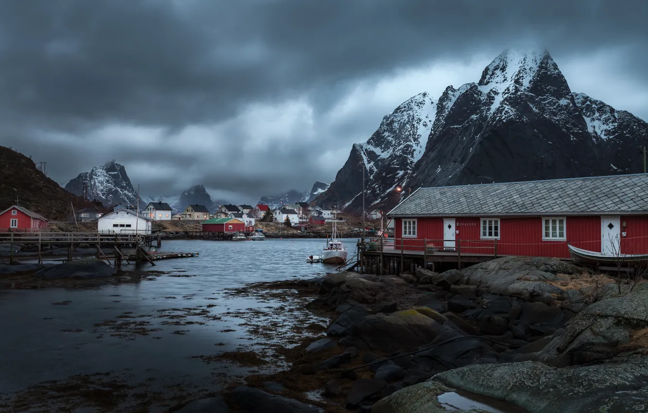 Photo wallpaper clouds, snow, mountains, home, storm, boats, village, Norway