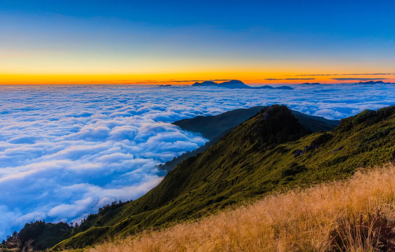 Photo wallpaper the sky, clouds, landscape, mountains, dawn, beauty
