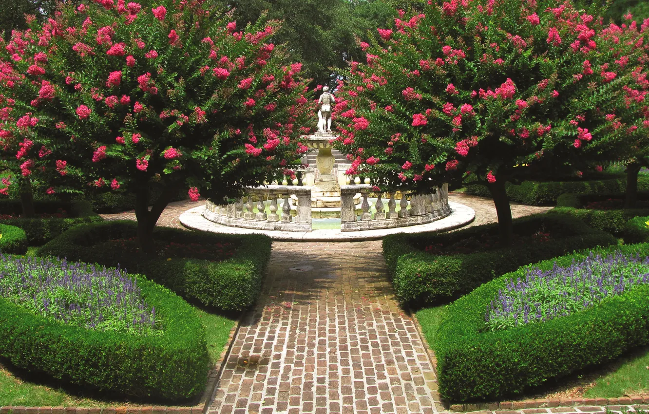 Photo wallpaper trees, flowers, nature, Park, plant, garden, track, fountain