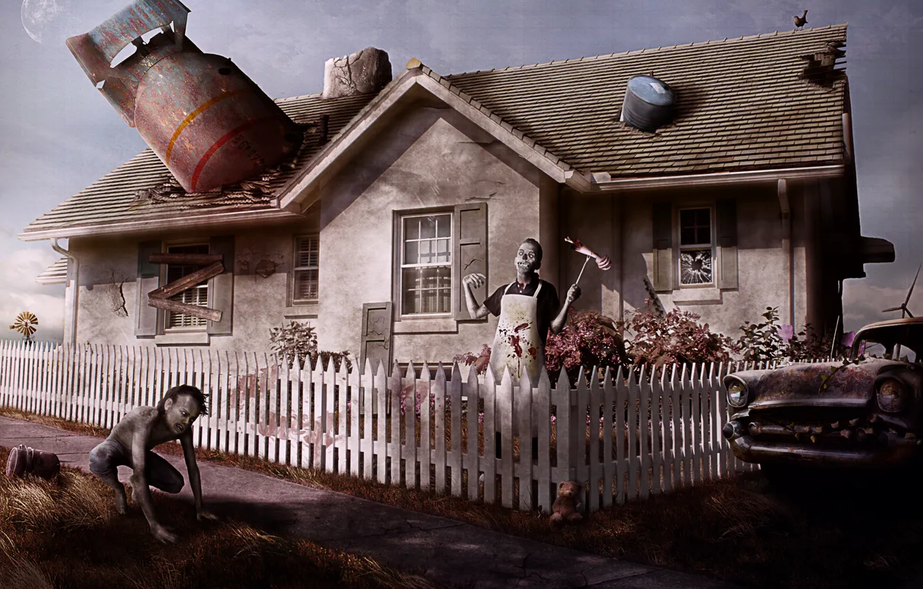 Photo wallpaper machine, house, the fence, zombies, barrel, postapokalipsis, Say welcom to your new neighbors, nuclear missile
