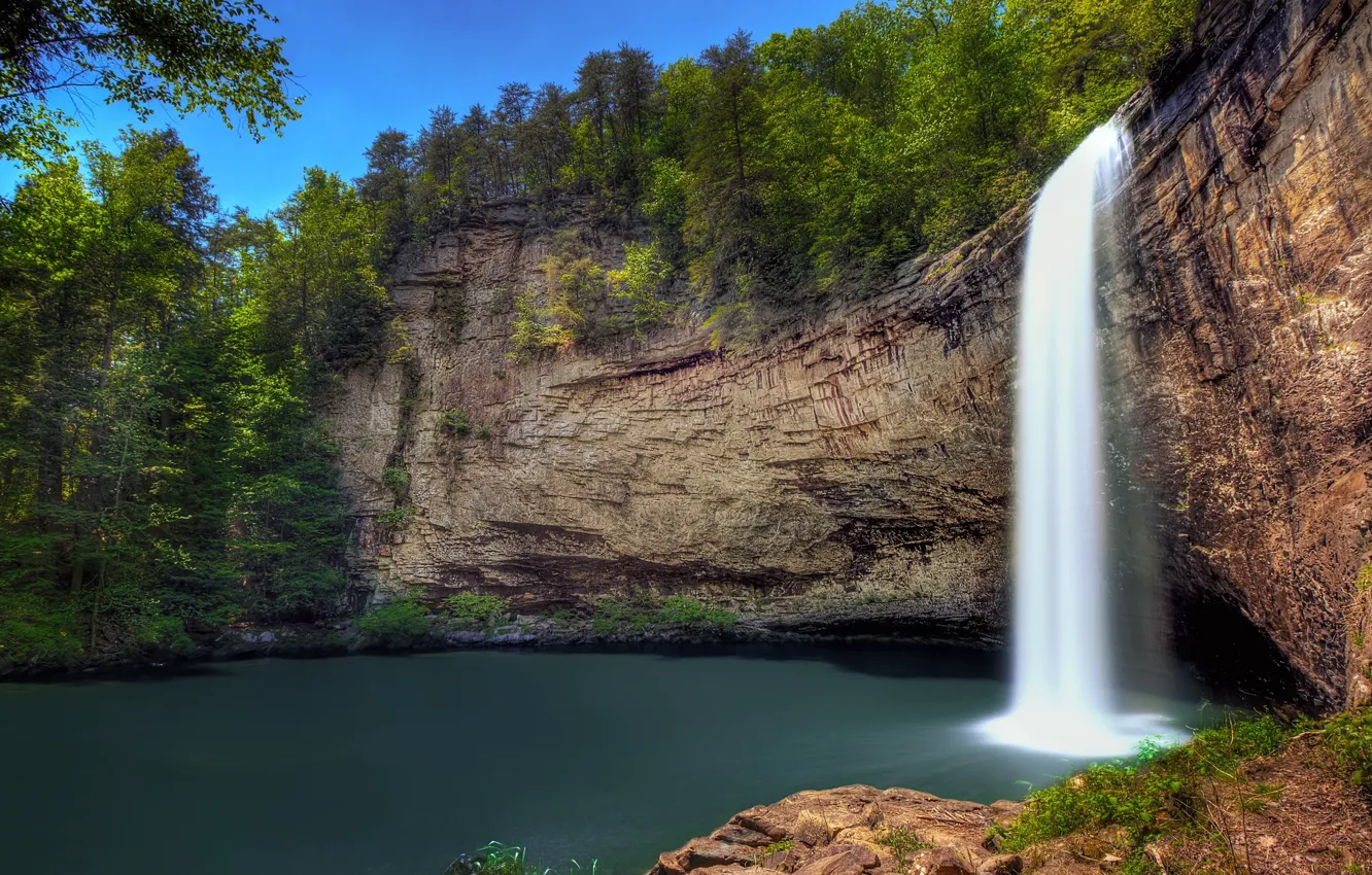 Photo wallpaper open, rocks, waterfall
