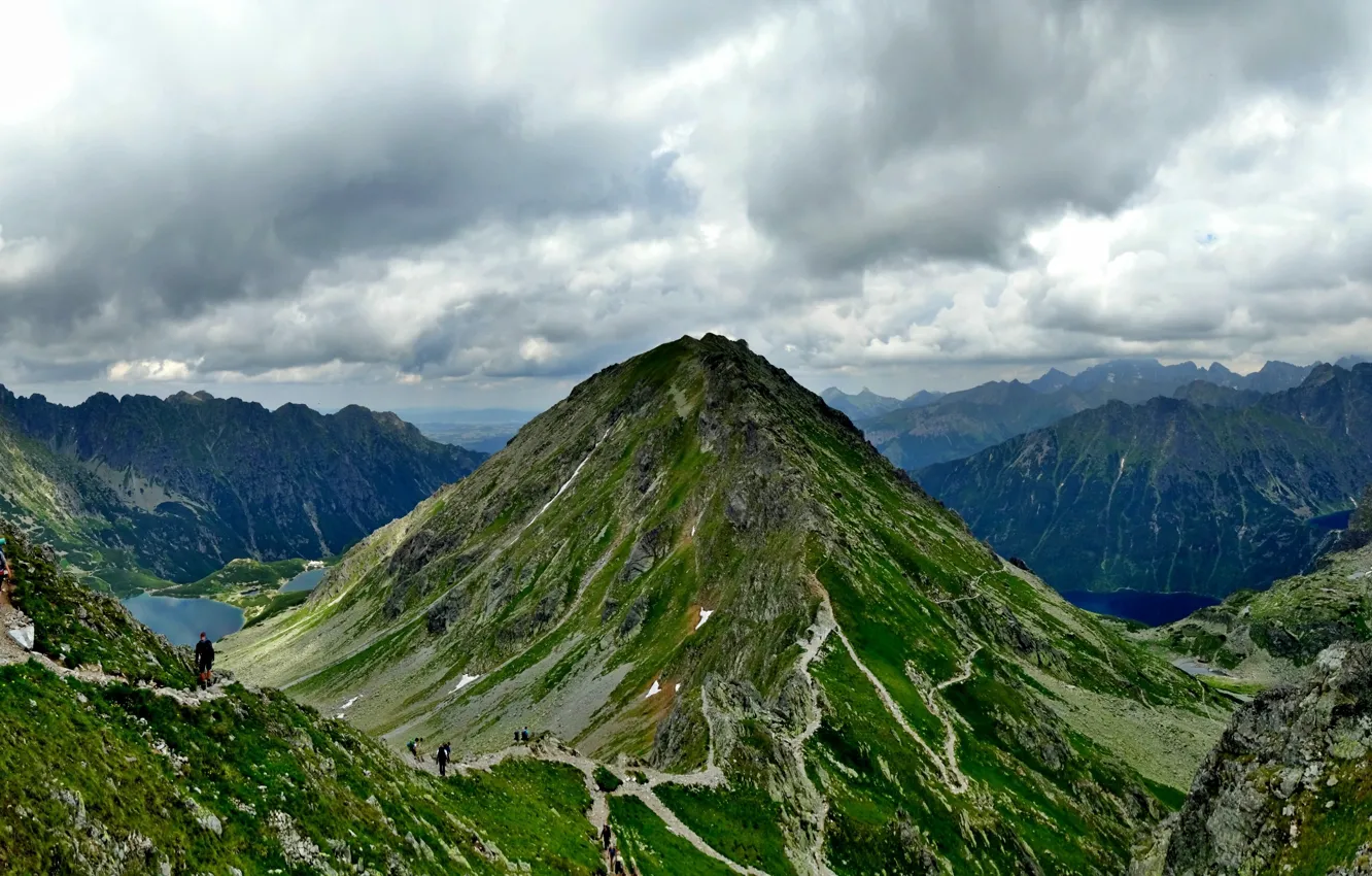 Photo wallpaper clouds, mountains, lake, stones, Alps, panorama, tourists, Slovakia