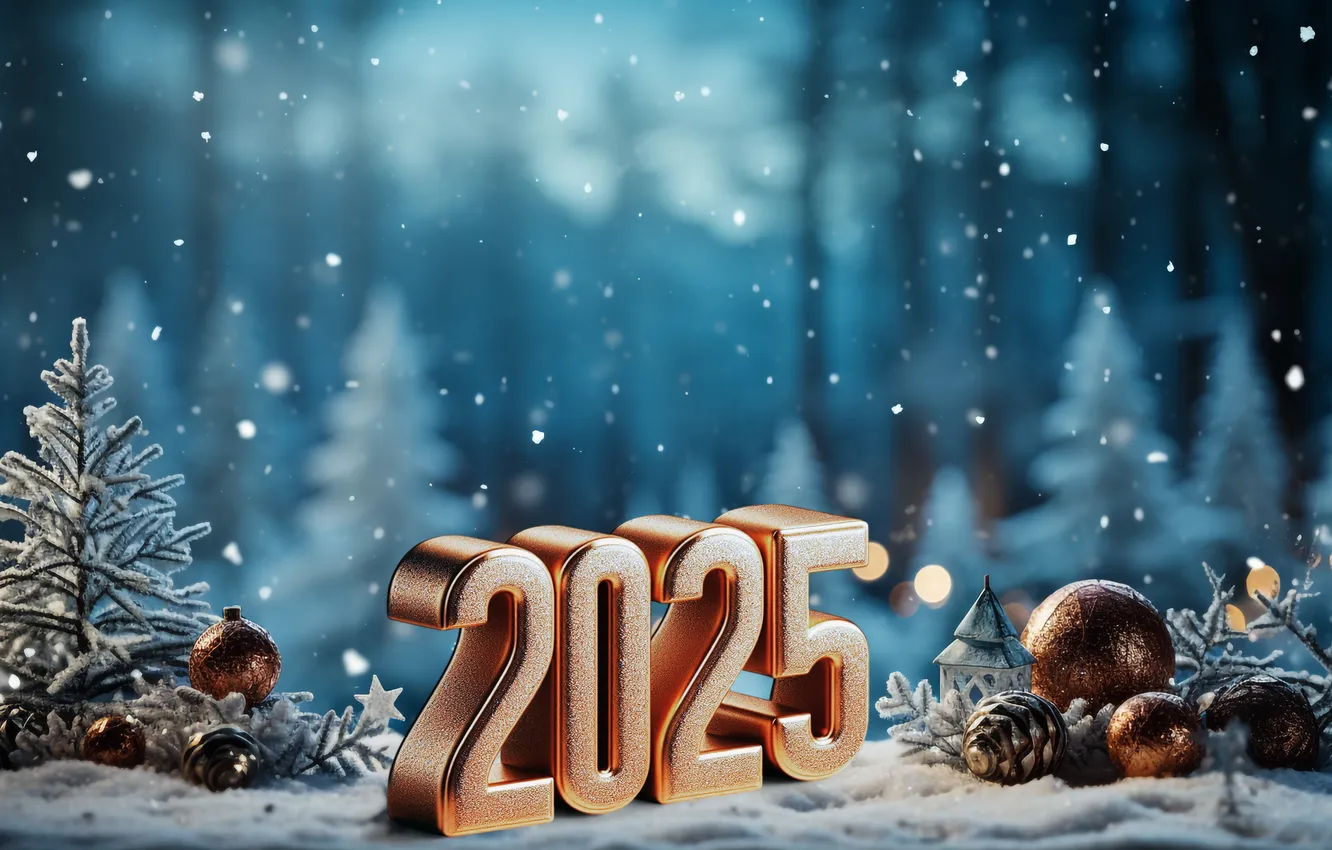 Photo wallpaper snow, decoration, figures, New year, golden, new year, winter, snow