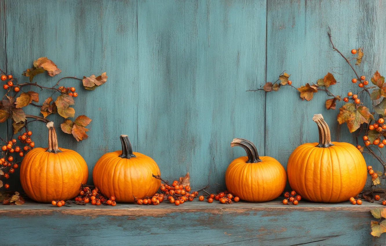 Photo wallpaper autumn, leaves, branches, berries, wall, Board, texture, harvest