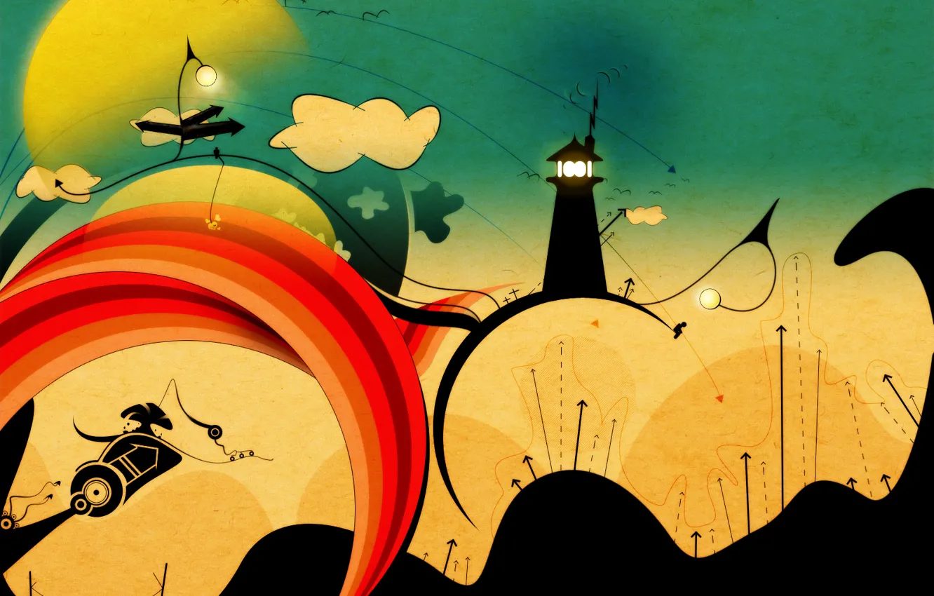 Photo wallpaper clouds, lighthouse, track, Vector, arrows