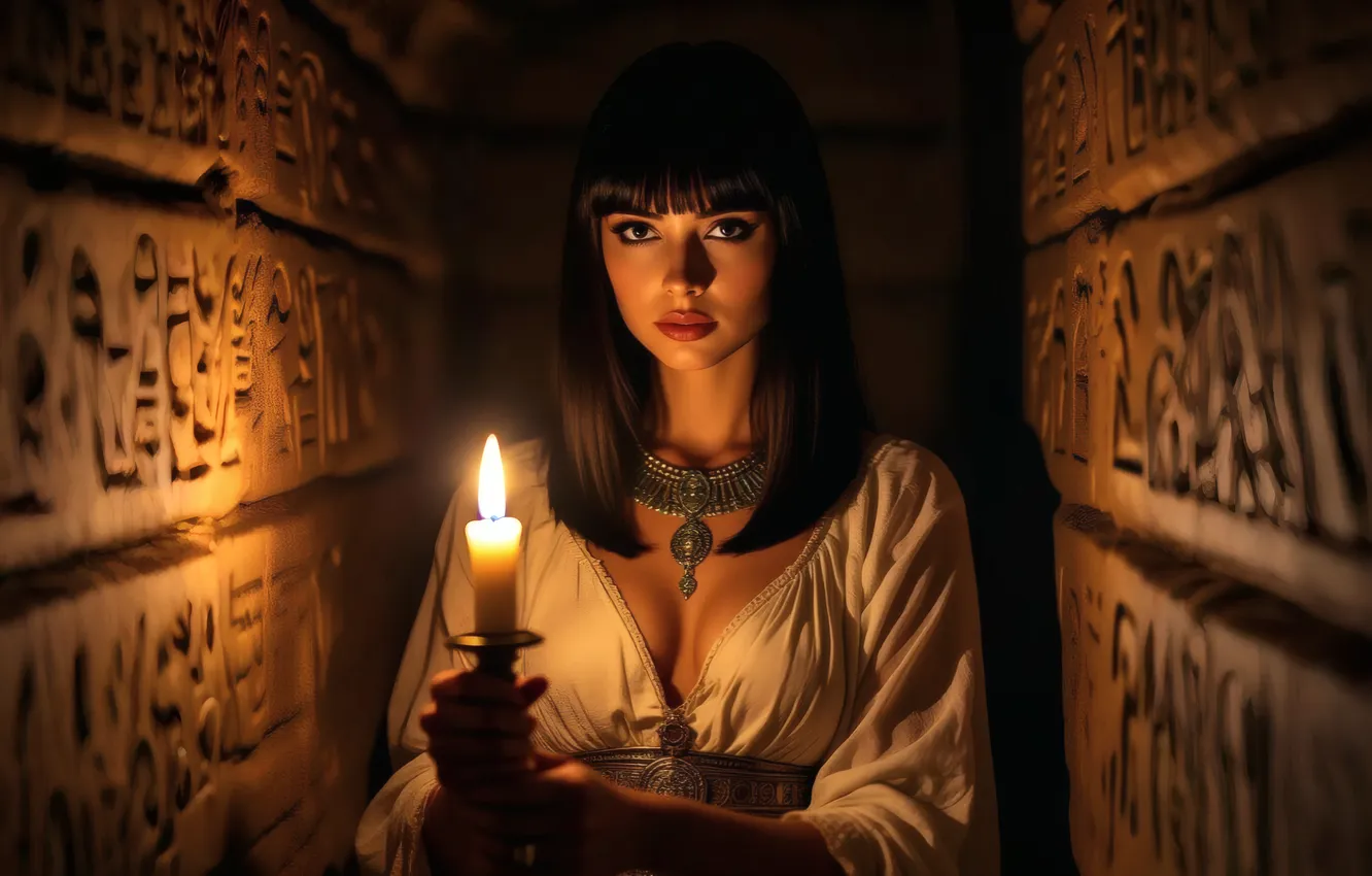 Photo wallpaper chest, look, girl, pose, wall, flame, brunette, pyramid
