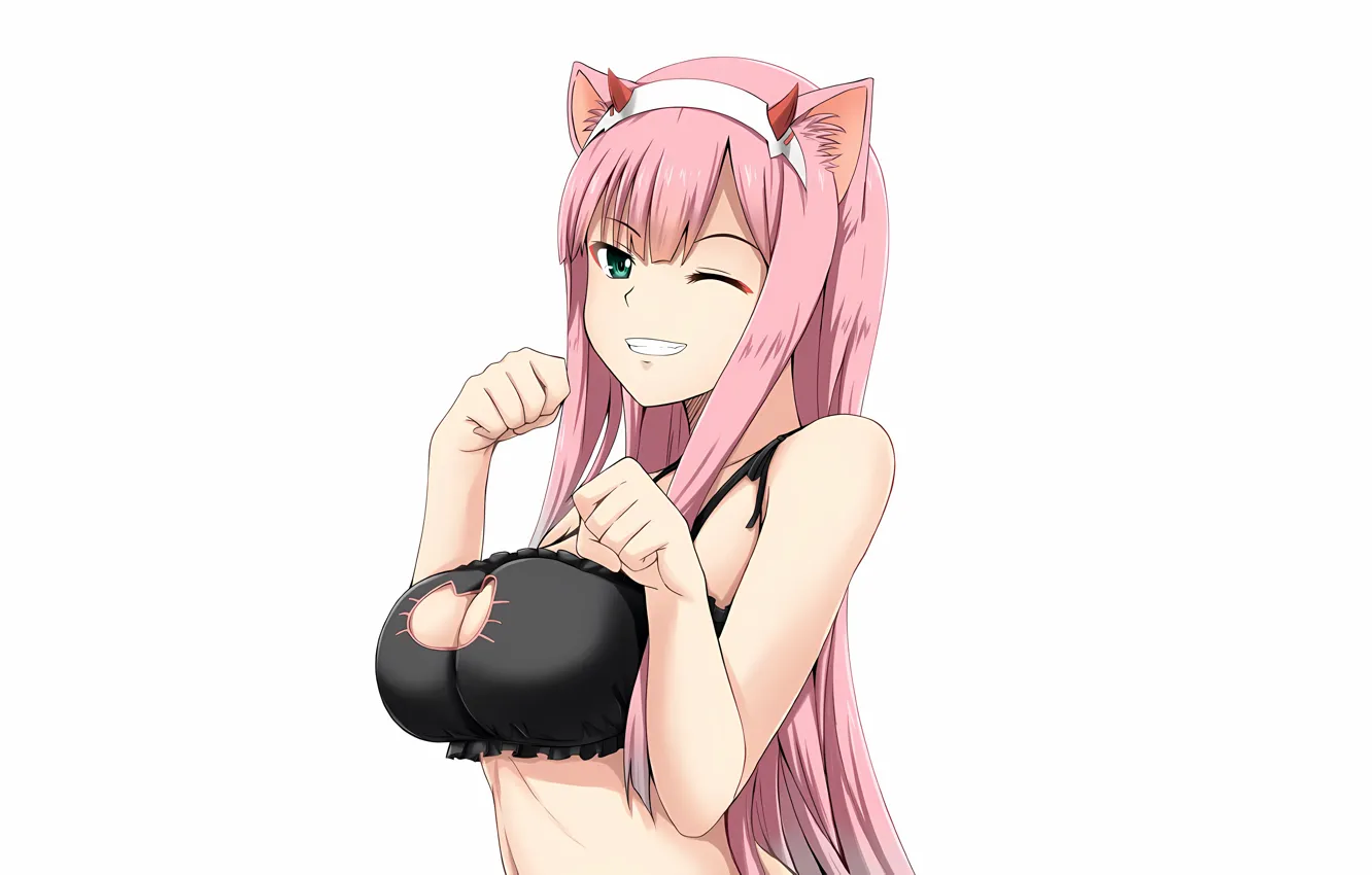 Photo wallpaper girl, sexy, lingerie, bra, cleavage, pink hair, horns, green eyes