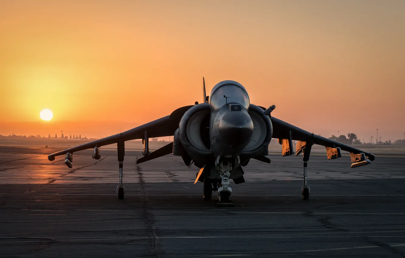 Photo wallpaper sunset, attack, Harrier II, AV-8B, "Harrier" II