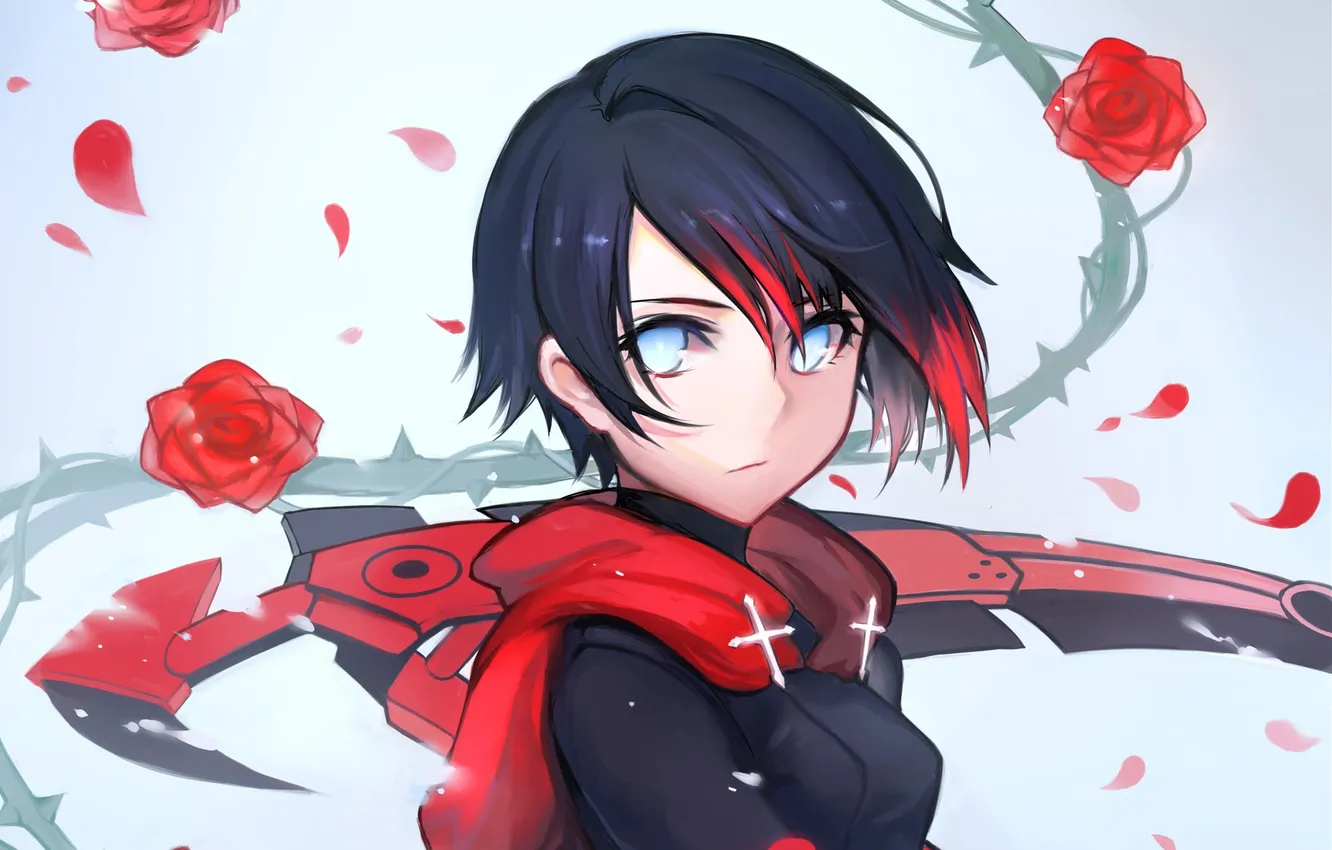Photo wallpaper look, girl, flowers, weapons, petals, spikes, braid, art