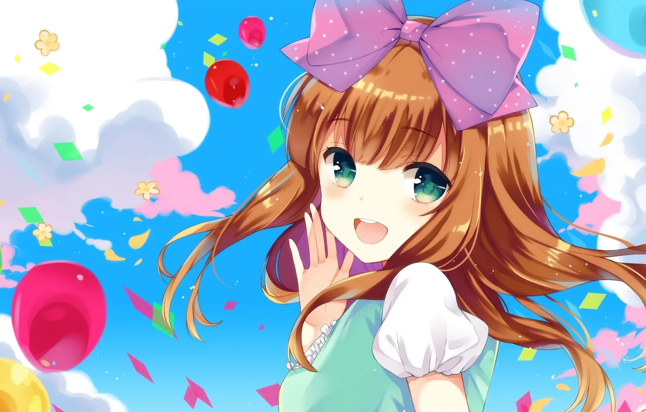 Photo wallpaper clouds, balls, joy, flowers, emotions, art, girl, bow