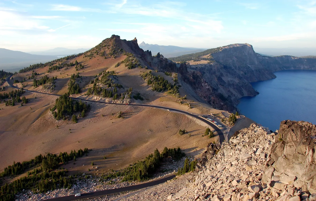 Photo wallpaper road, mountains, lake, stones