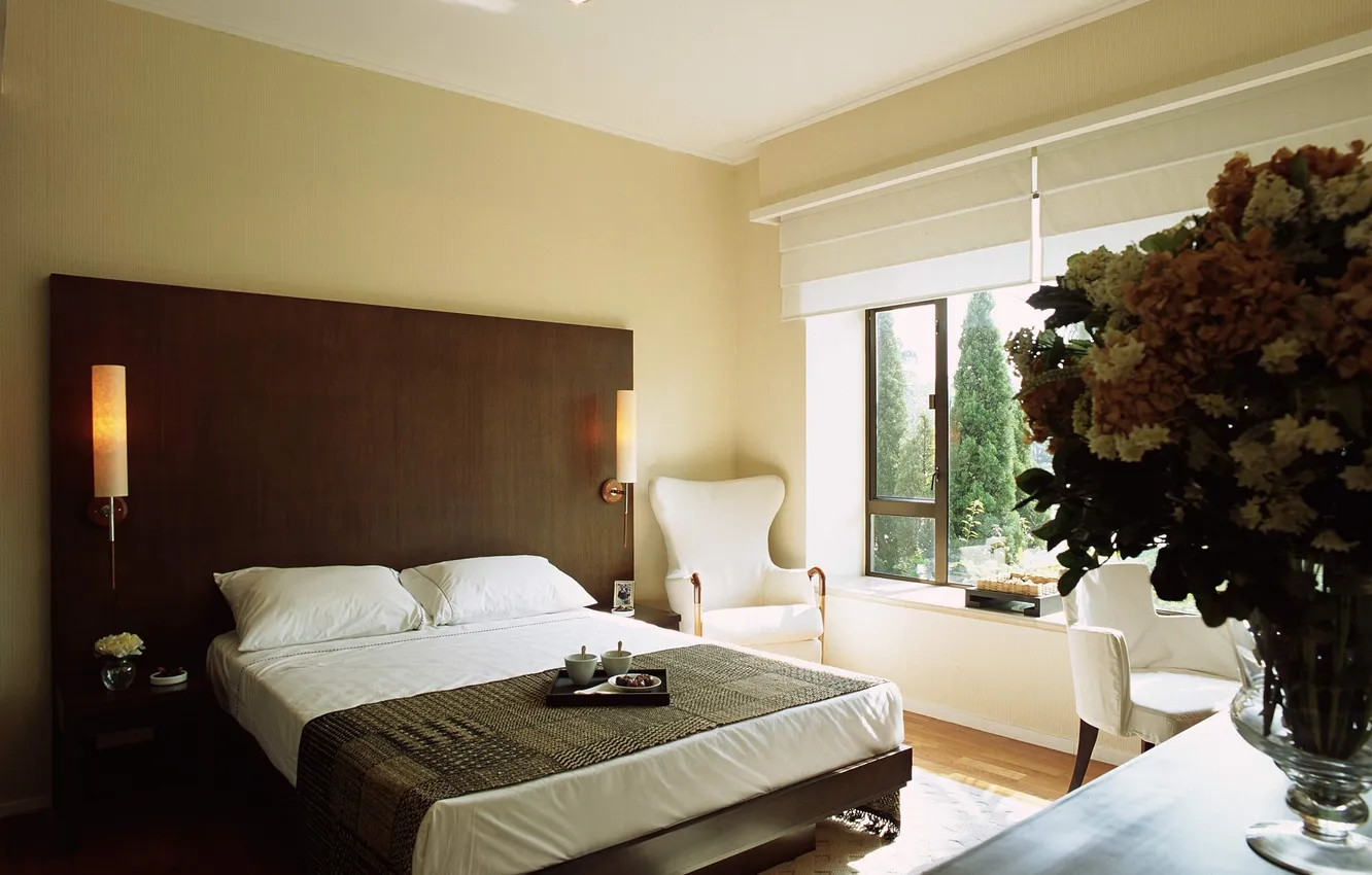 Photo wallpaper flowers, room, bed, interior, chair, window, vase, bedroom