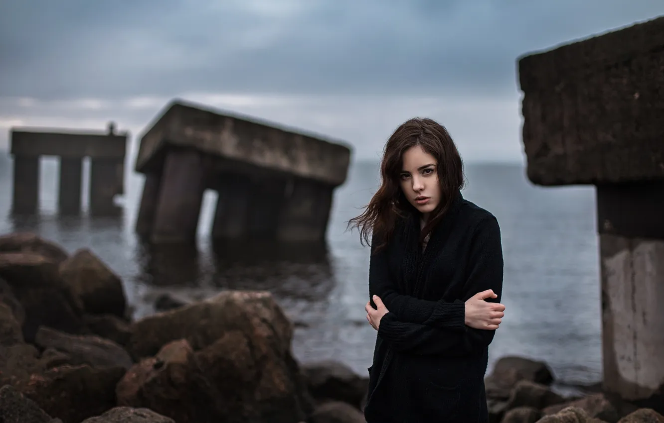 Photo wallpaper light, red, girl, white, beach, sky, dress, sea