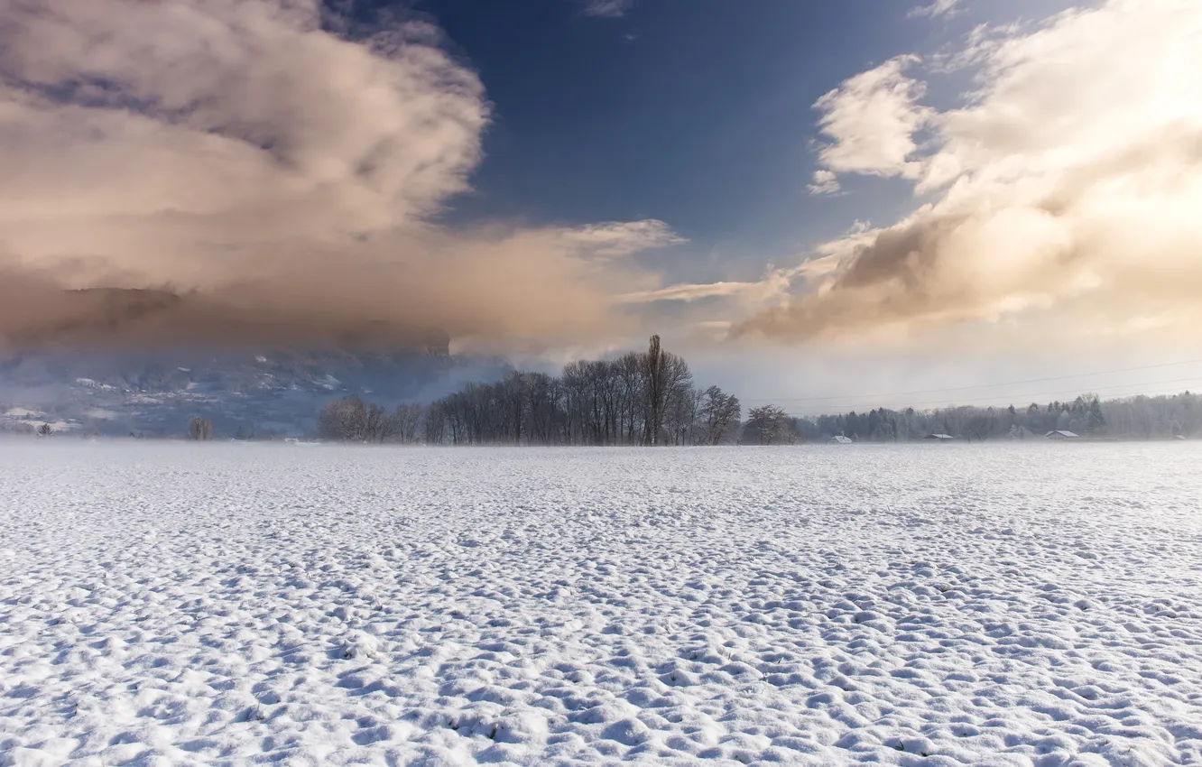 Photo wallpaper winter, field, the sky, snow