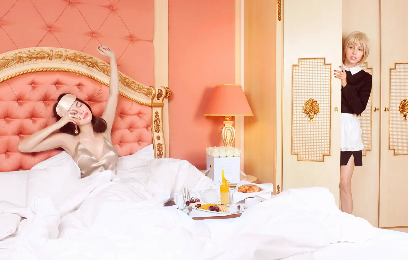 Photo wallpaper girls, interior, Breakfast in bed, good morning