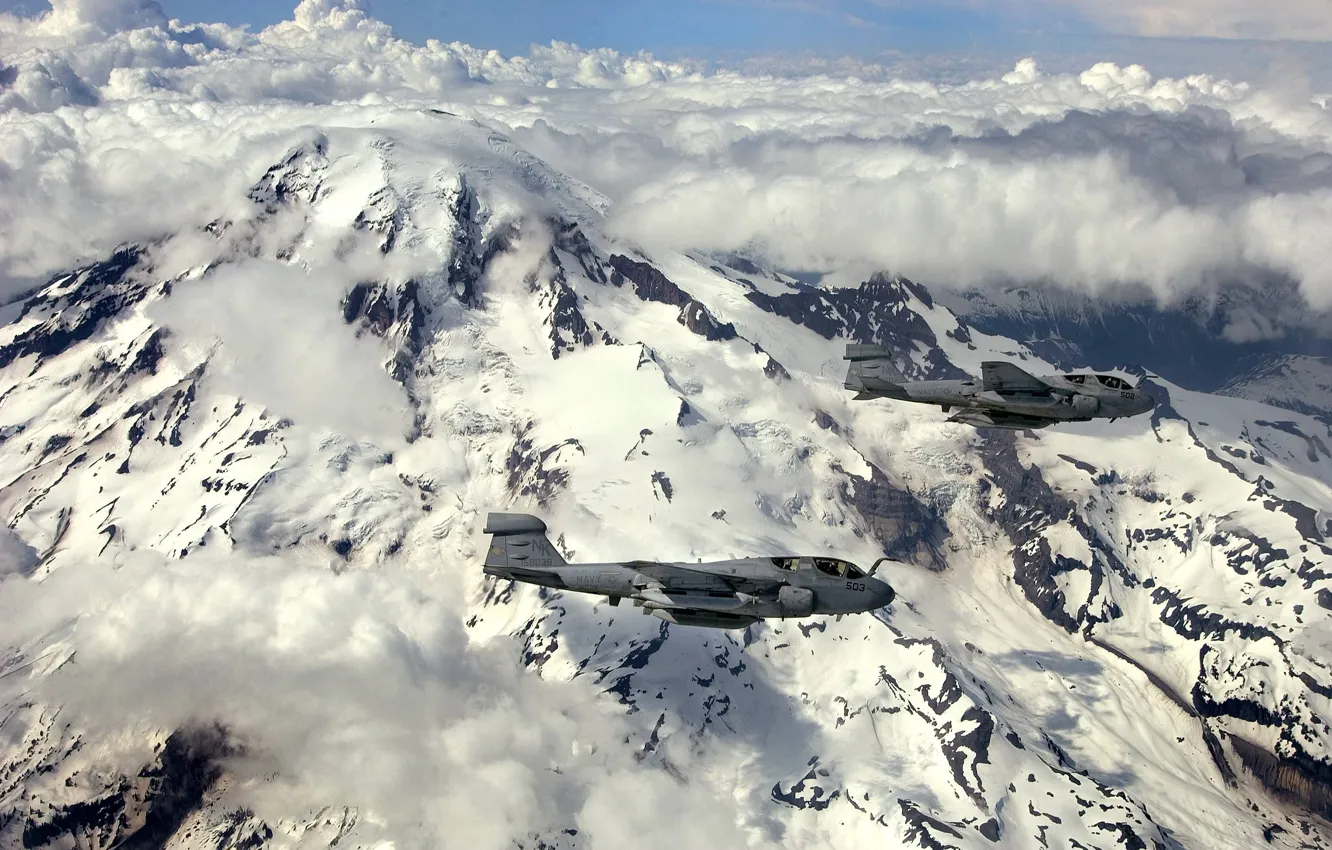 Photo wallpaper clouds, flight, mountains, the volcano, aircraft, Grumman, deck, EA-6B