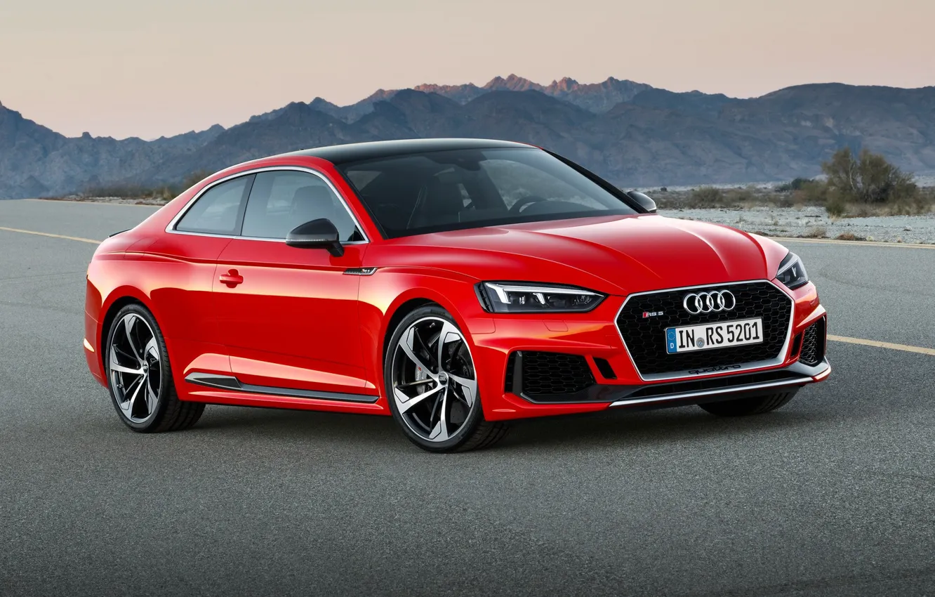 Photo wallpaper road, mountains, red, Audi, coupe, front, before, RS5