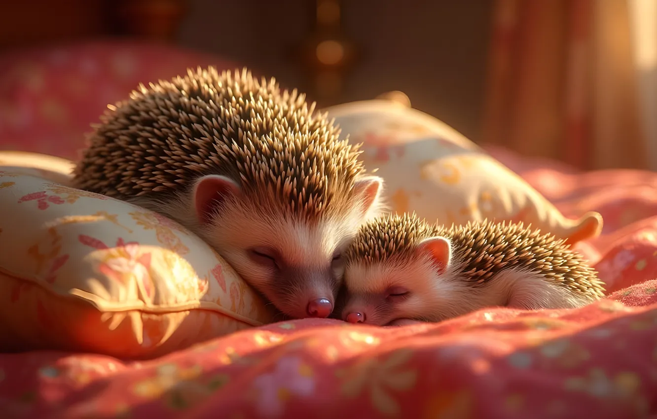 Photo wallpaper light, sleep, sleeping, bed, pillow, cub, mom, hedgehog