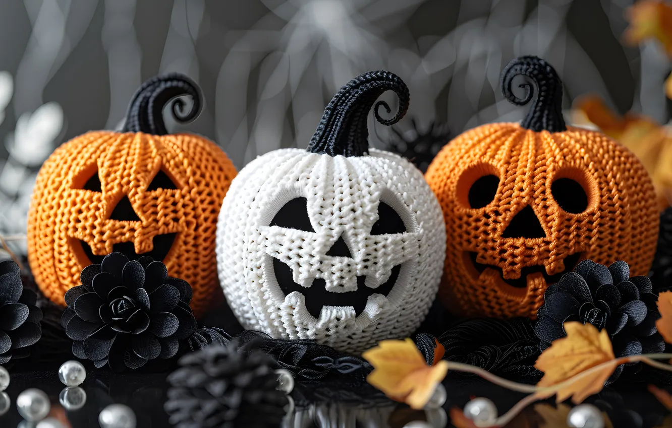 Photo wallpaper autumn, holiday, pumpkin, Halloween, the scenery, grey background, Halloween, trio