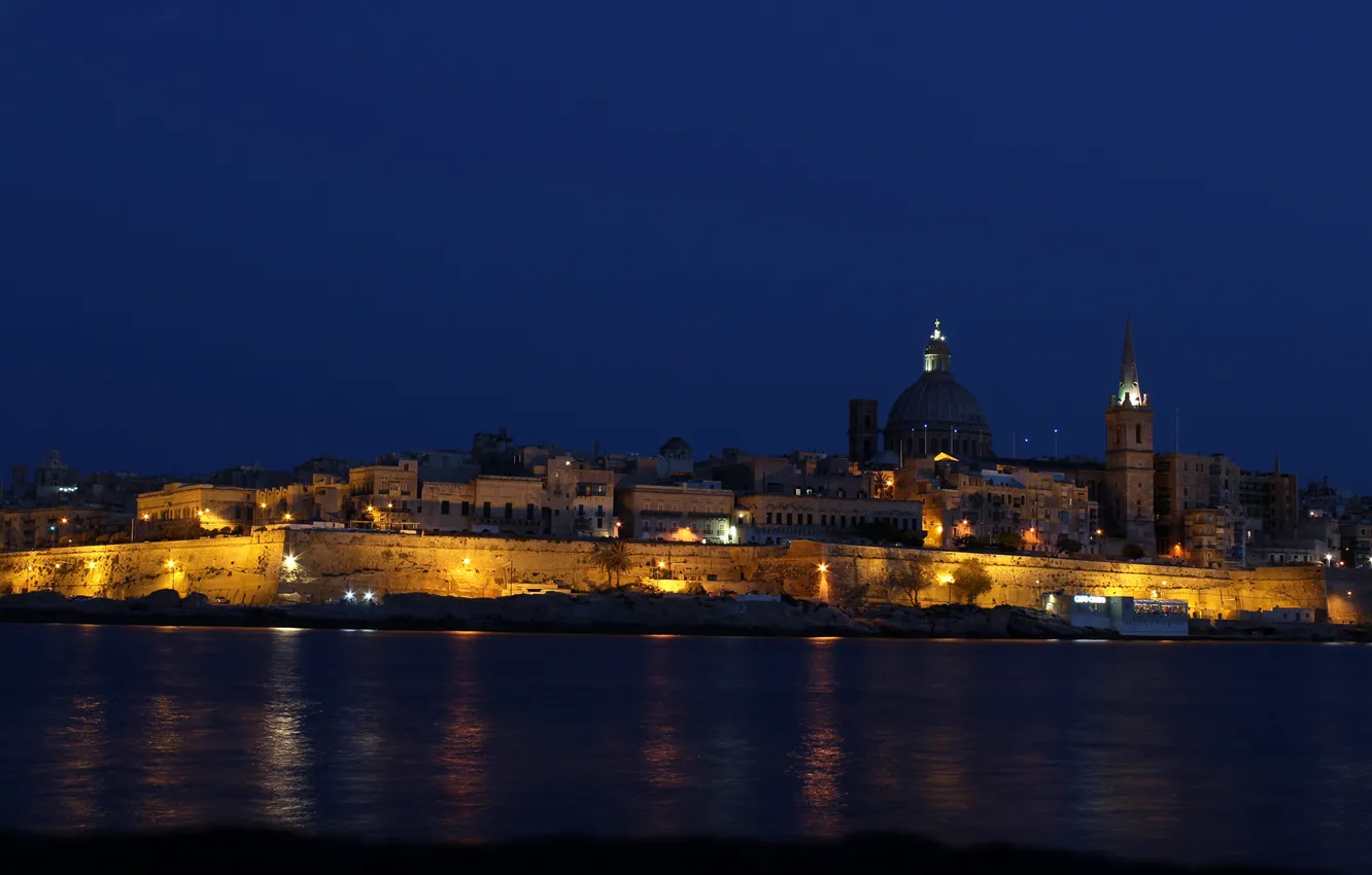 Photo wallpaper sea, night, lights, coast, island, home, the state, Malta
