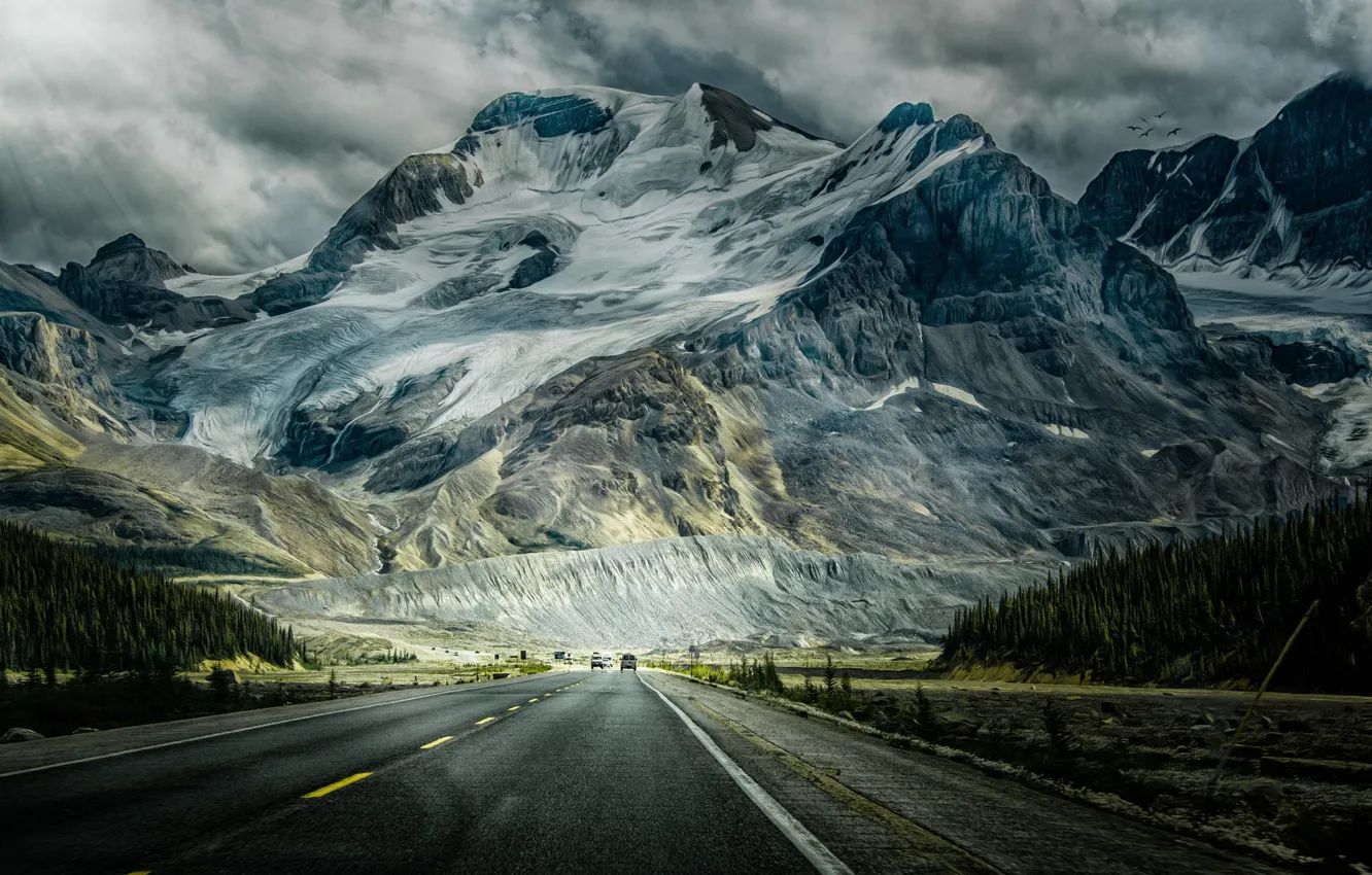 Photo wallpaper road, forest, snow, mountains, machine, photo, figure, treatment
