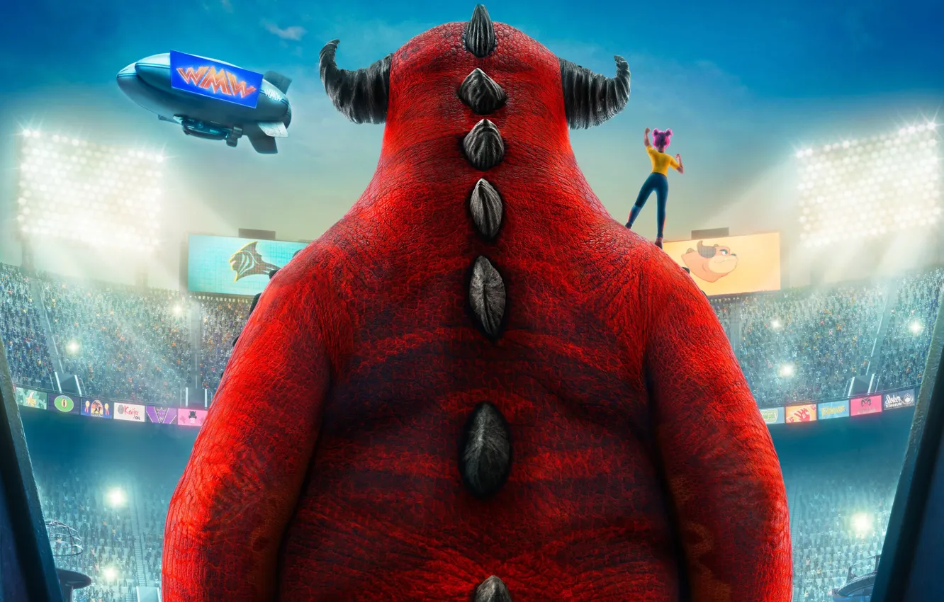 Photo wallpaper back, cartoon, being, horns, arena, Rumble
