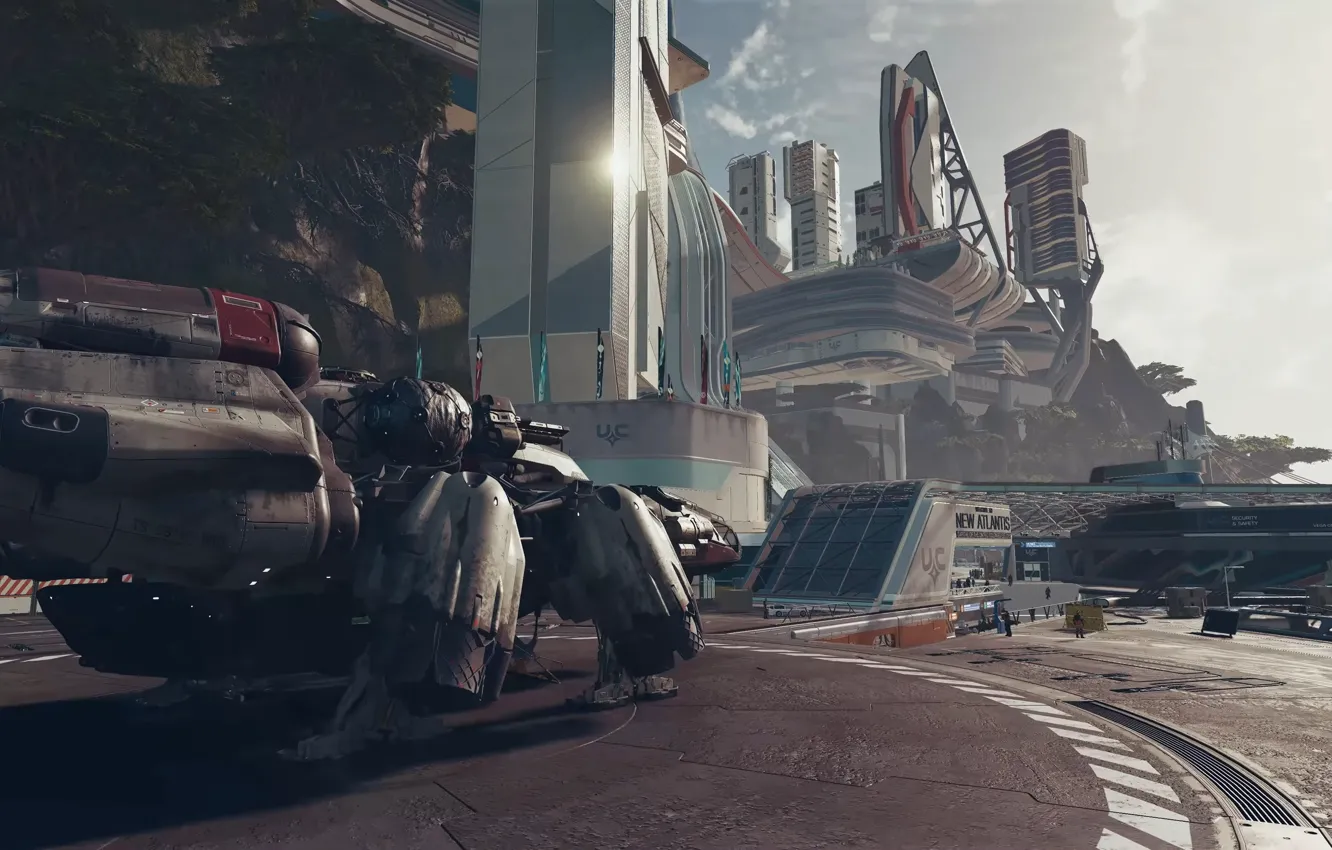 Photo wallpaper the sky, the city, ship, building, planet, Starfield