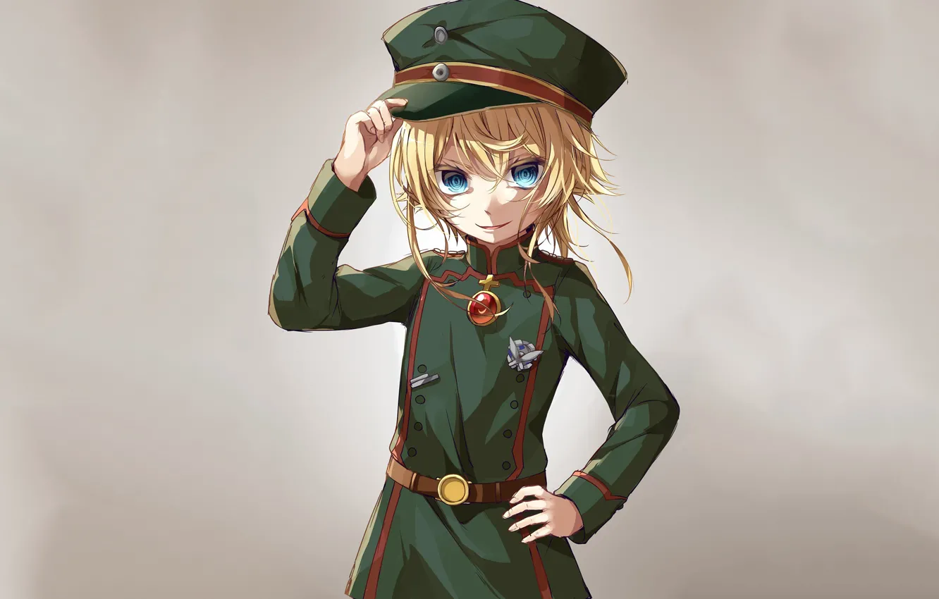 Photo wallpaper girl, soldier, military, war, anime, chibi, blue eyes, cap