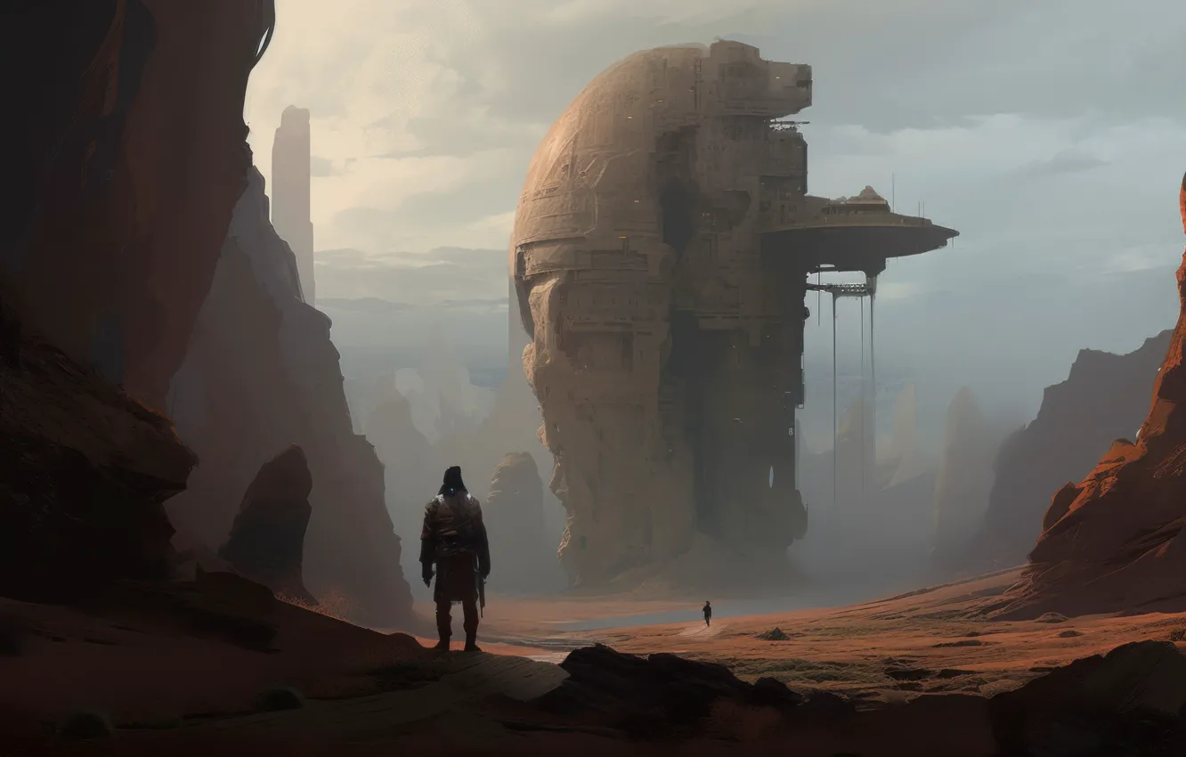 Photo wallpaper AI Art, Fiction, Other Worlds, canyon, rocks, haze, AI art, rocks