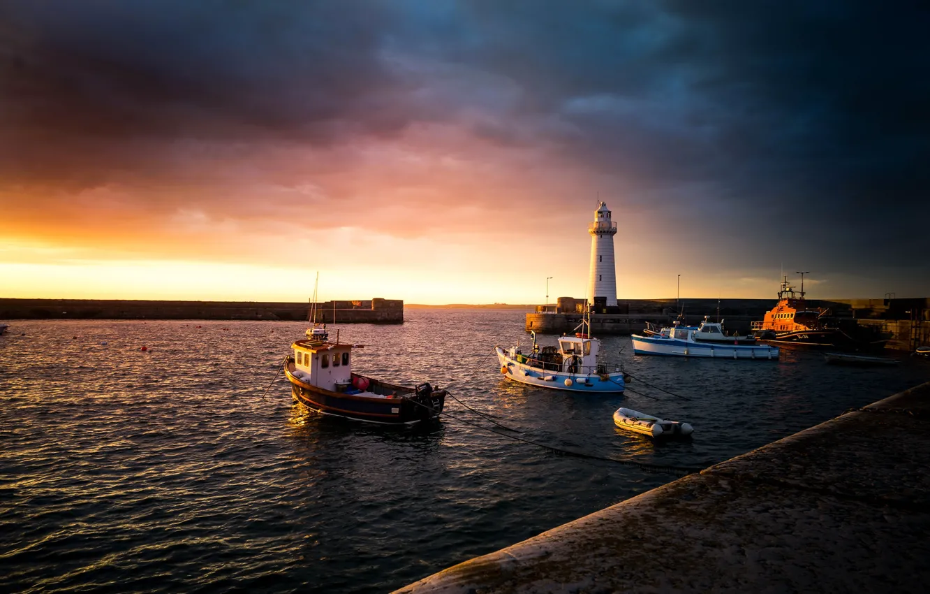 Photo wallpaper sea, the sky, the sun, clouds, sunset, coast, boat, lighthouse