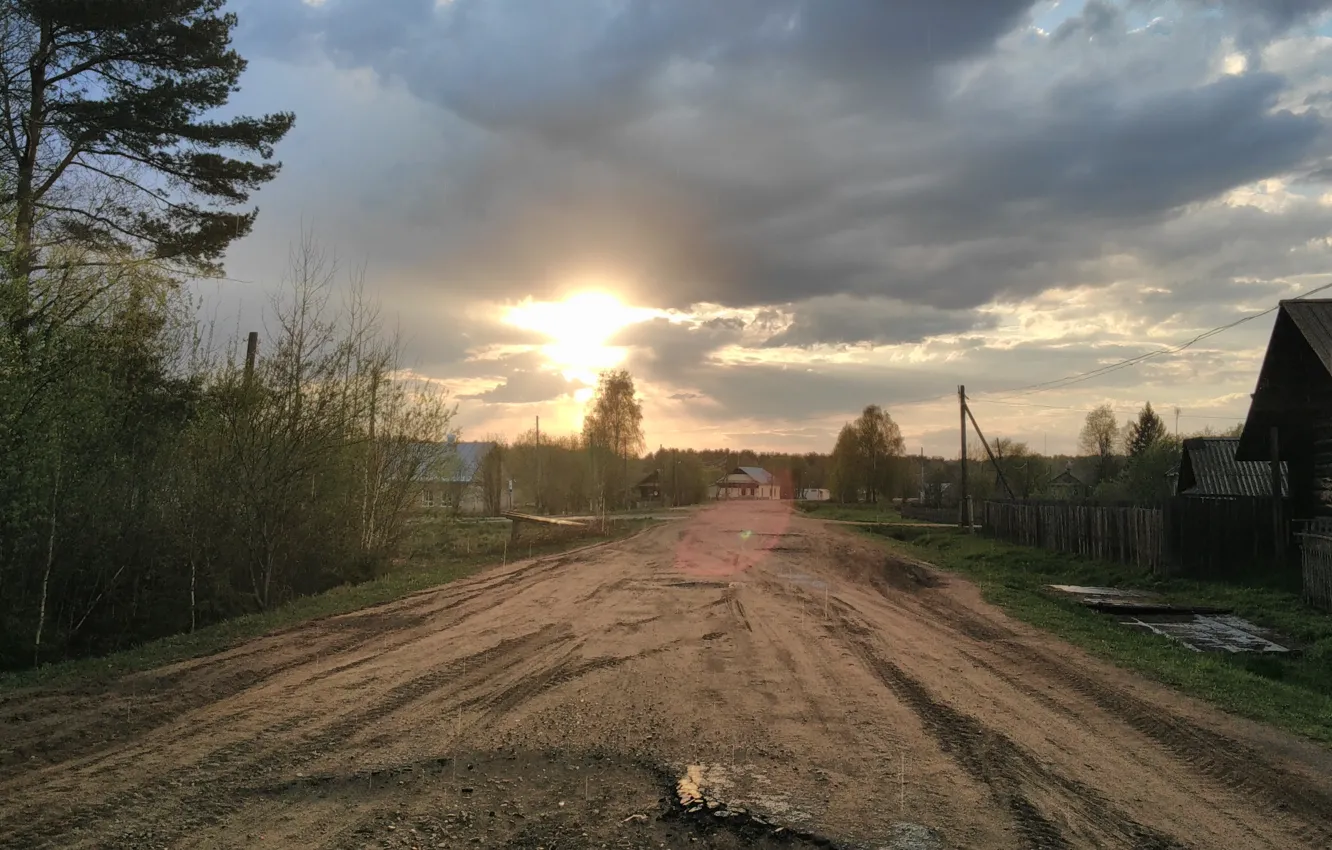 Photo wallpaper road, sunset, rain