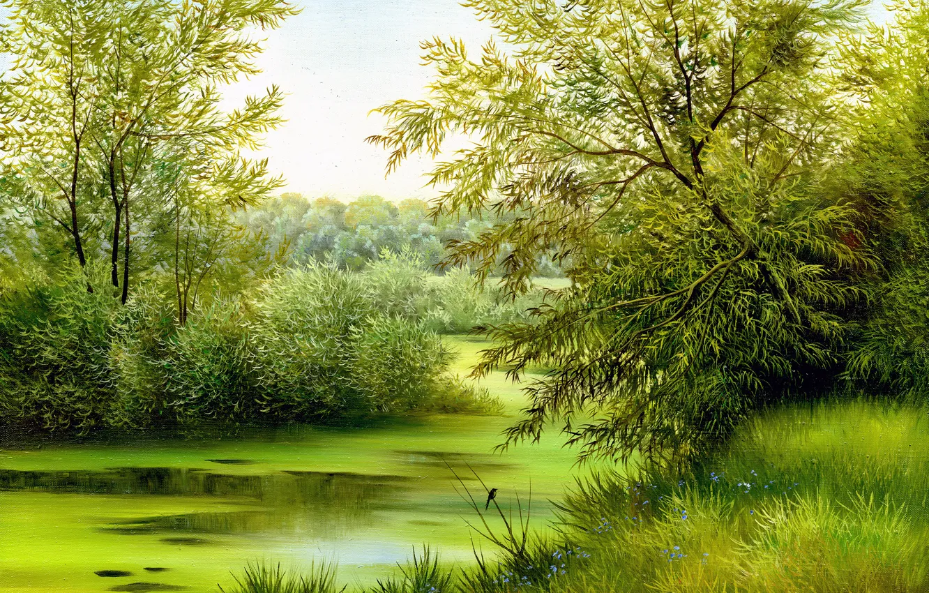 Photo wallpaper grass, trees, landscape, nature, bird, flowers, painting, canvas
