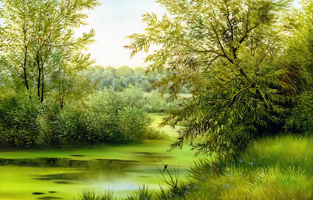Photo wallpaper grass, trees, landscape, nature, green, bird, flowers, painting