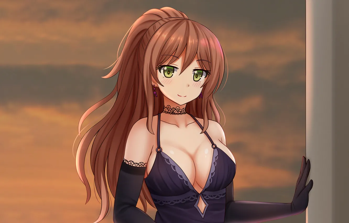 Photo wallpaper girl, sexy, cleavage, green eyes, long hair, dress, brown hair, boobs