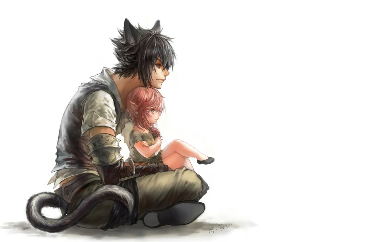 Photo wallpaper girl, art, white background, guy, ears, Final Fantasy, neko