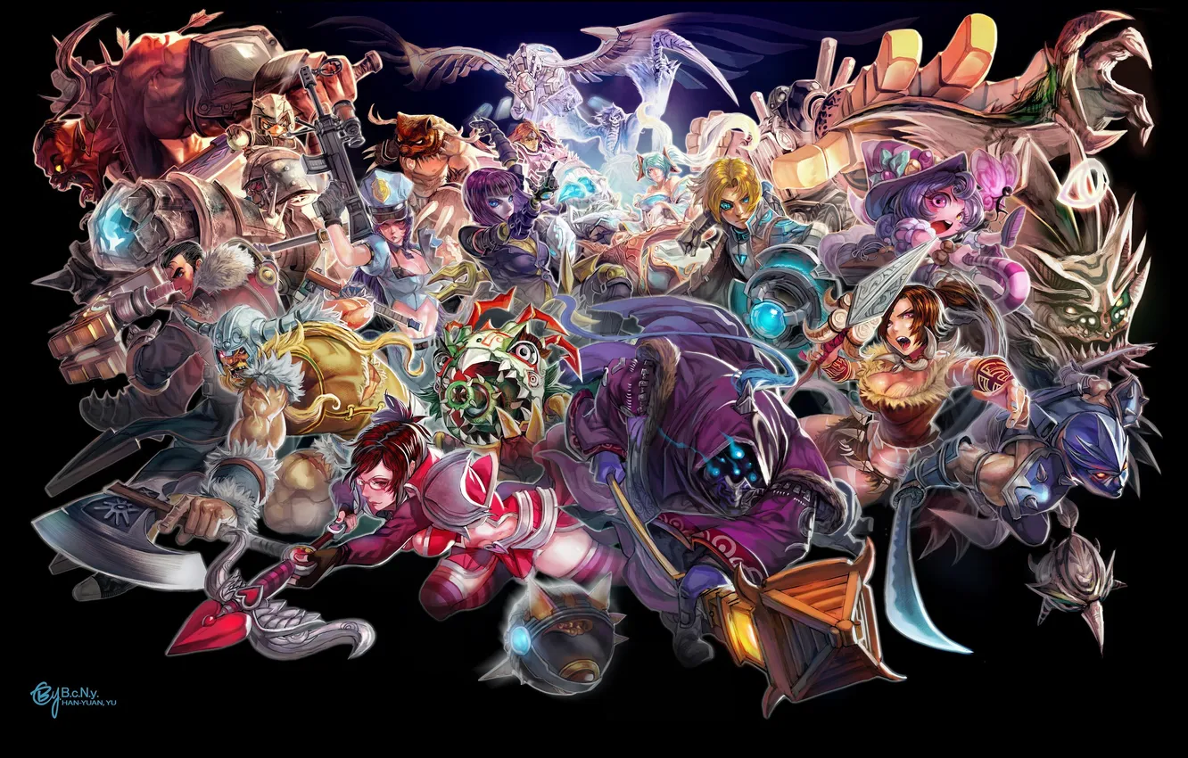 Photo wallpaper the dark background, weapons, art, characters, League of Legends
