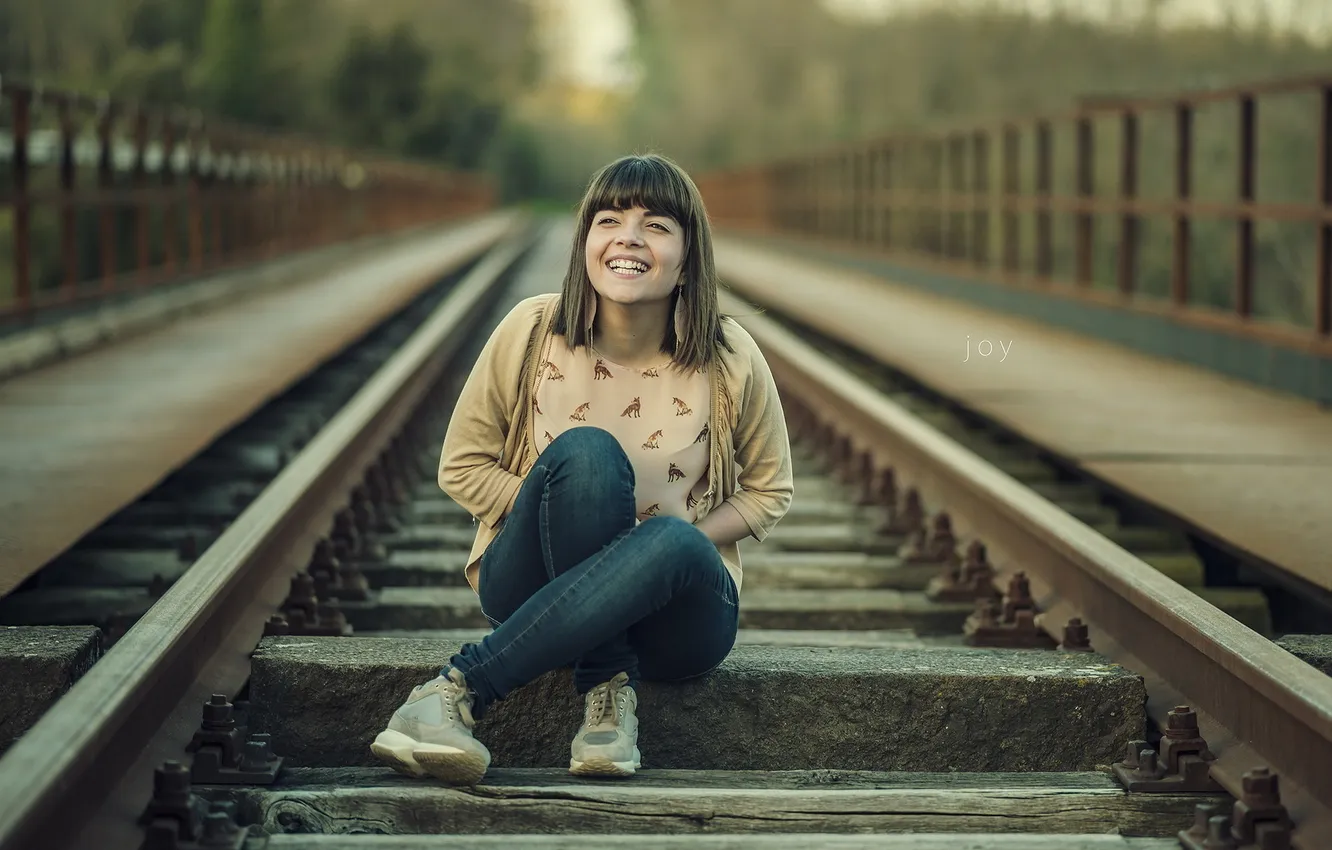 Photo wallpaper girl, smile, mood, railroad, joy