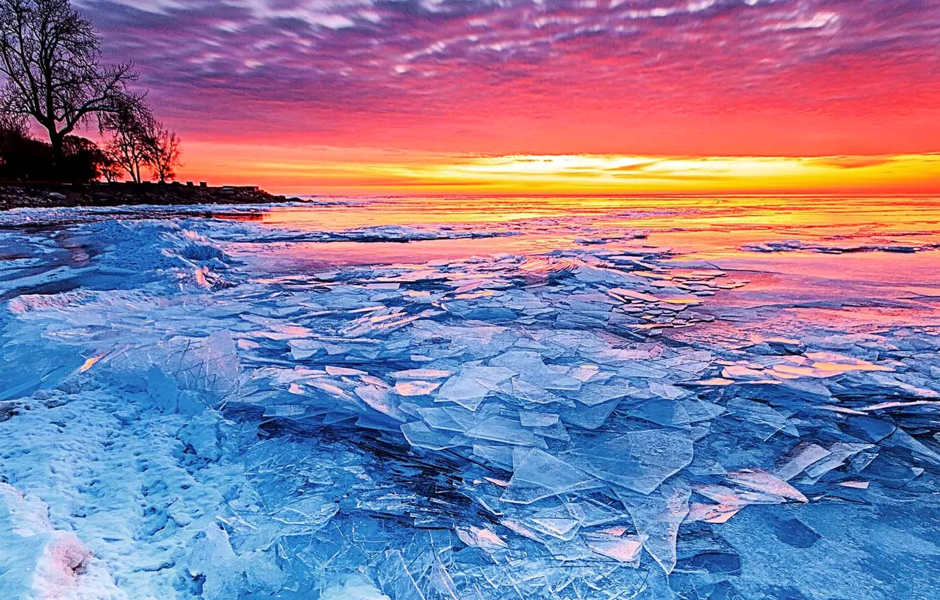 Photo wallpaper ice, lake, glow, North America, Erie