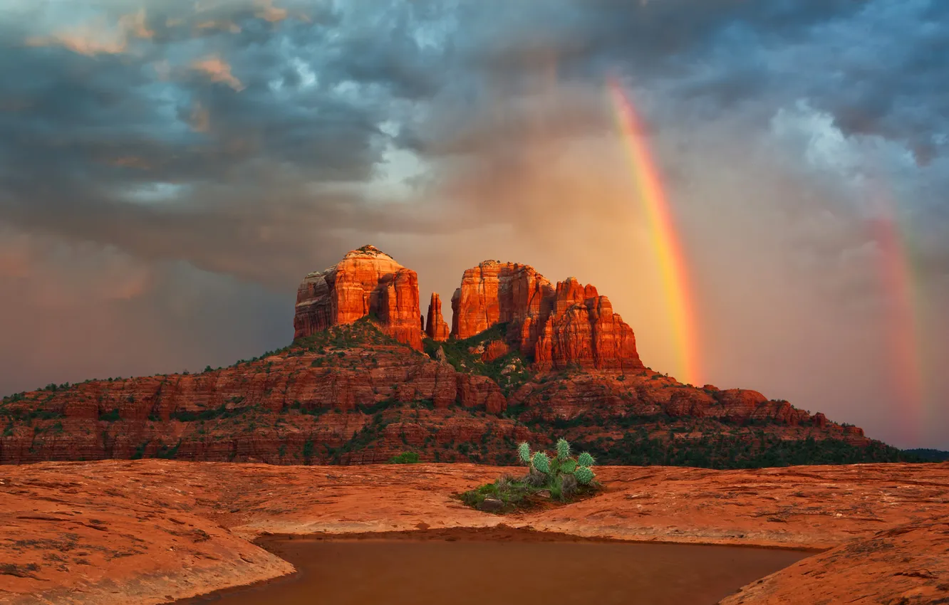 Photo wallpaper clouds, mountains, rainbow, cactus